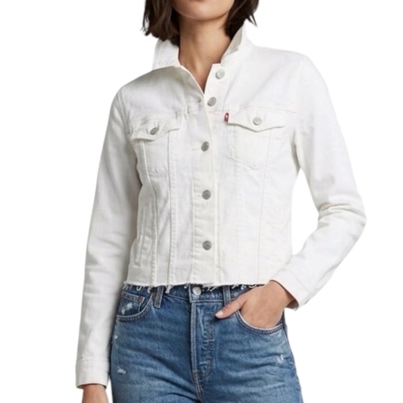 Levi's Jackets & Blazers - LEVI'S White Denim Trucker Jacket Women sz L Cropped Raw Hem - See Notes